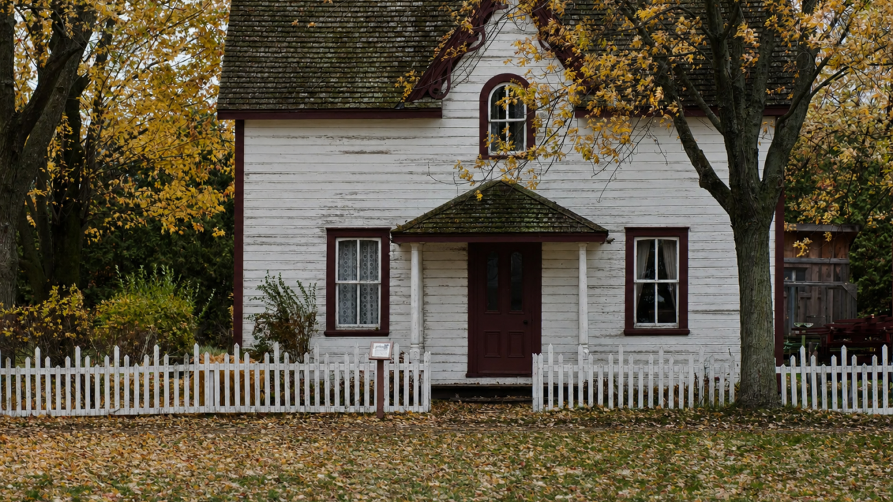 White clapboard house with burgundy trim and white picket fence surrounded by golden autumn leaves in an Ohio neighborhood